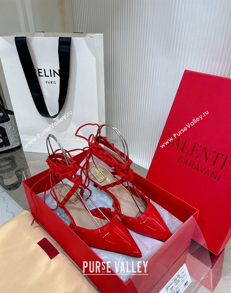 Valentino Rockstud Pumps 6cm with Wrap Strap and Lace-ups in Patent Leather Red 2024 0227 (ZN-240227014)