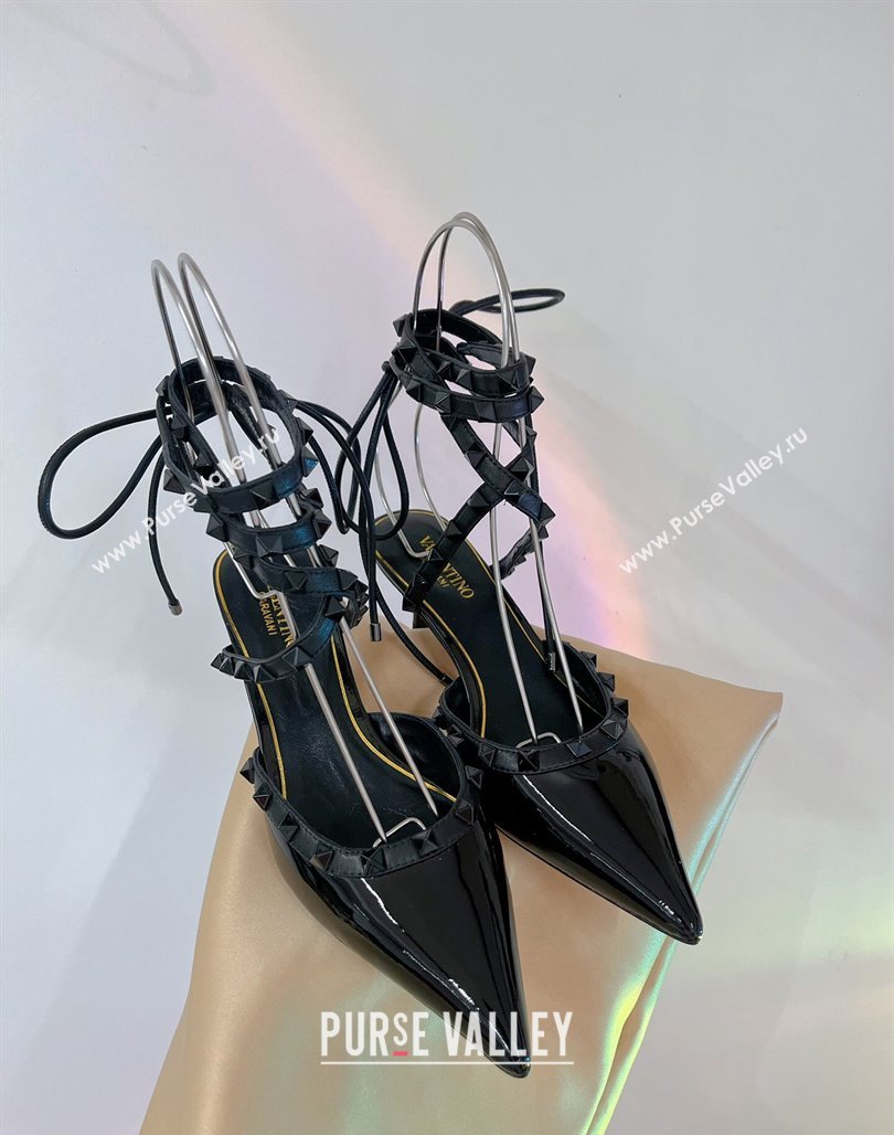 Valentino Rockstud Pumps 6cm with Wrap Strap and Lace-ups in Patent Leather Black 2024 0227 (ZN-240227015)