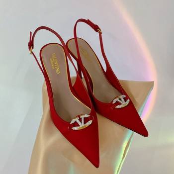 Valentino The Bold Edition VLogo Slingback Pumps 9cm in Satin with Crystals Red 2024 0227 (ZN-240227060)