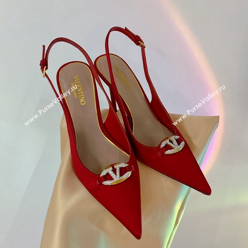 Valentino The Bold Edition VLogo Slingback Pumps 9cm in Satin with Crystals Red 2024 0227 (ZN-240227060)