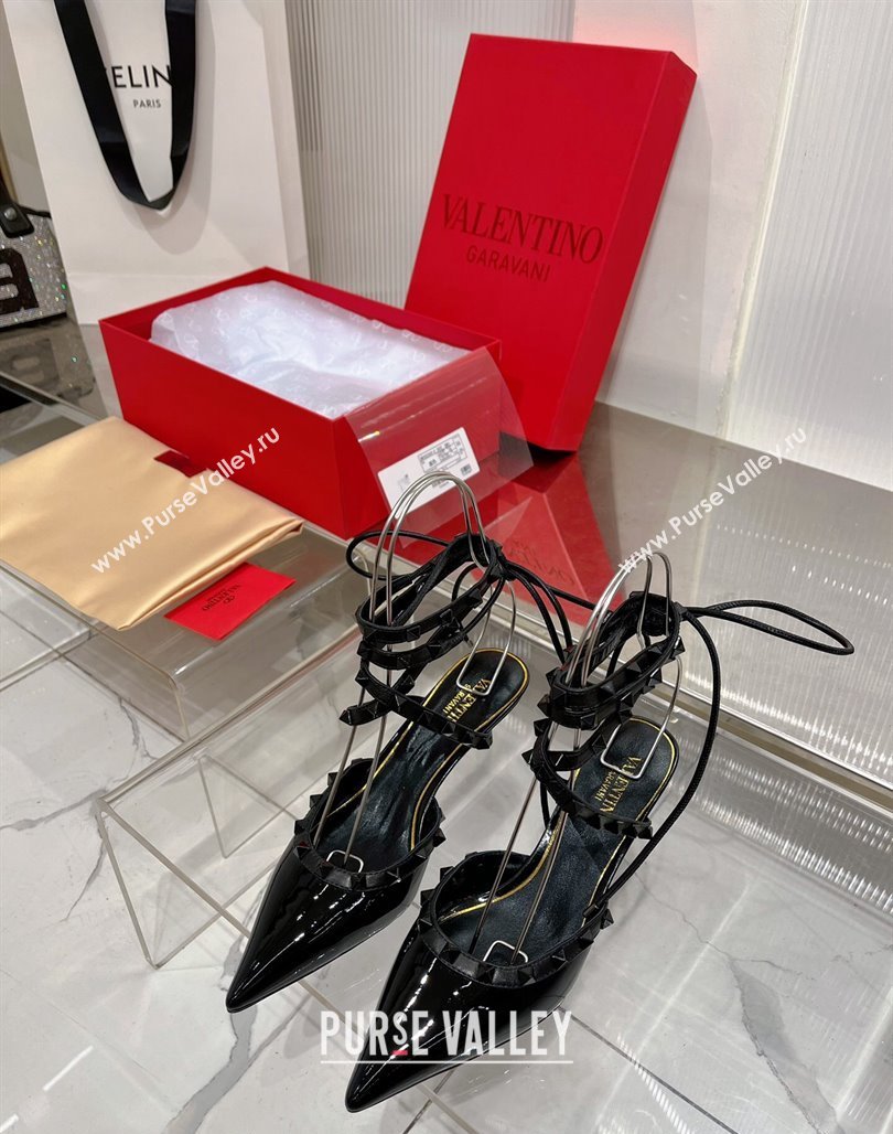 Valentino Rockstud Pumps 6cm with Wrap Strap and Lace-ups in Patent Leather Black 2024 0227 (ZN-240227015)