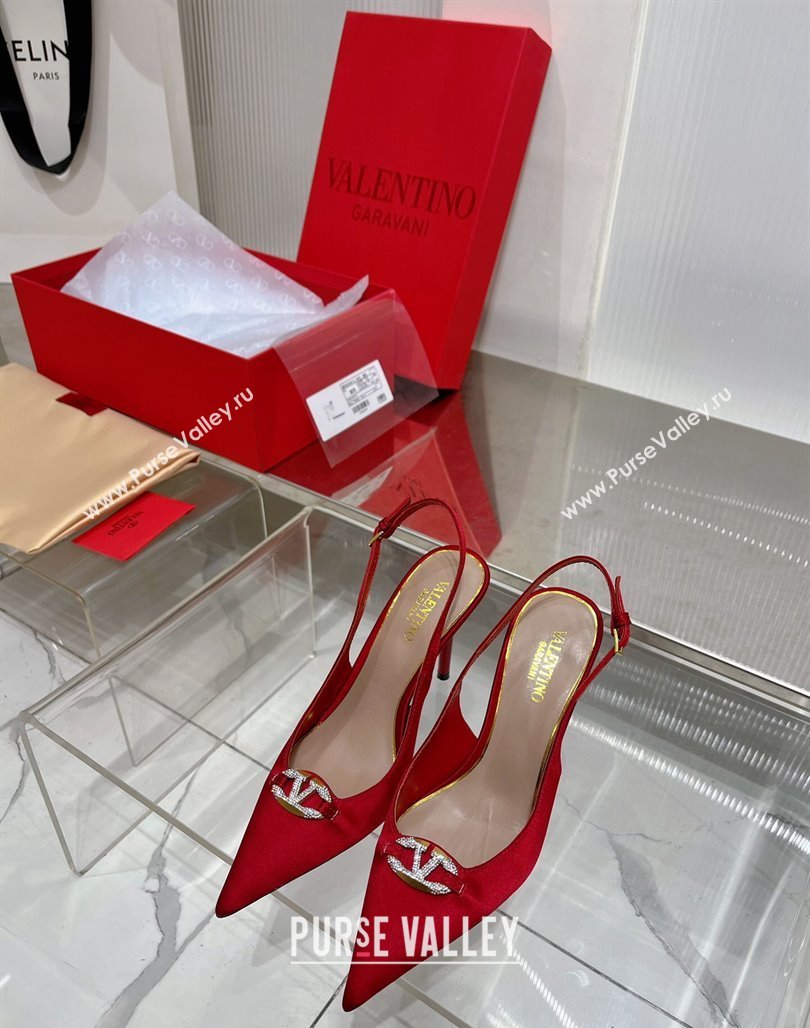 Valentino The Bold Edition VLogo Slingback Pumps 9cm in Satin with Crystals Red 2024 0227 (ZN-240227060)