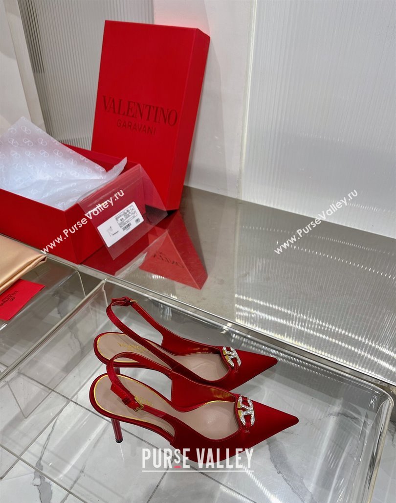 Valentino The Bold Edition VLogo Slingback Pumps 9cm in Satin with Crystals Red 2024 0227 (ZN-240227060)
