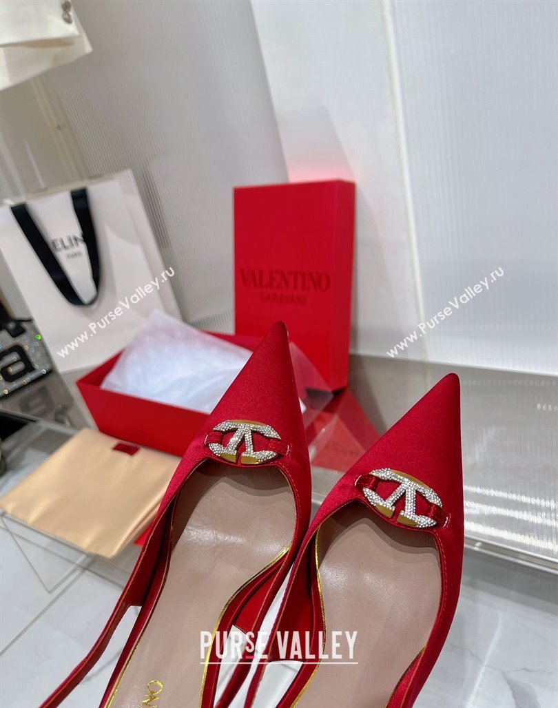 Valentino The Bold Edition VLogo Slingback Pumps 9cm in Satin with Crystals Red 2024 0227 (ZN-240227060)