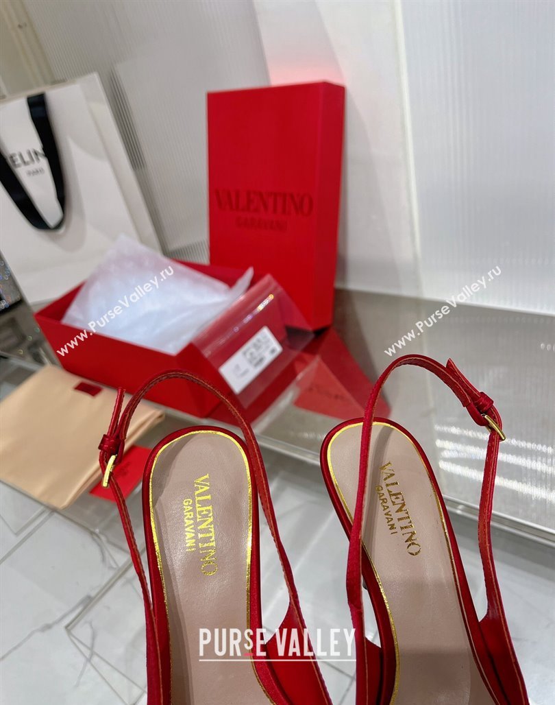 Valentino The Bold Edition VLogo Slingback Pumps 9cm in Satin with Crystals Red 2024 0227 (ZN-240227060)