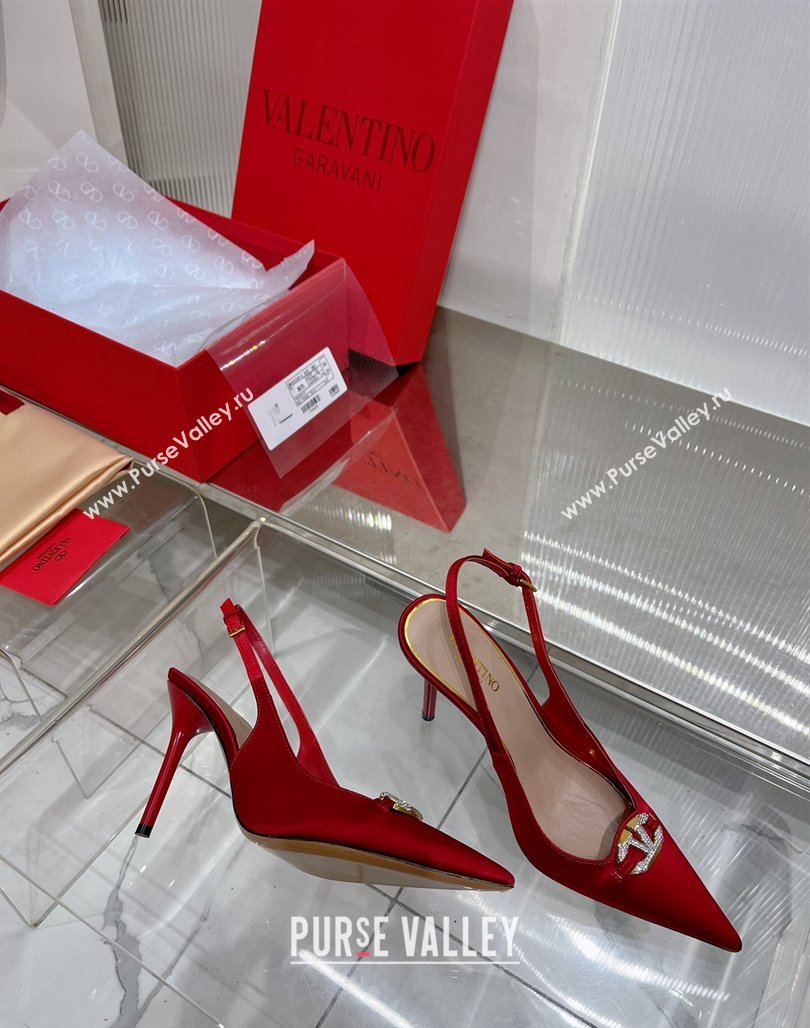 Valentino The Bold Edition VLogo Slingback Pumps 9cm in Satin with Crystals Red 2024 0227 (ZN-240227060)
