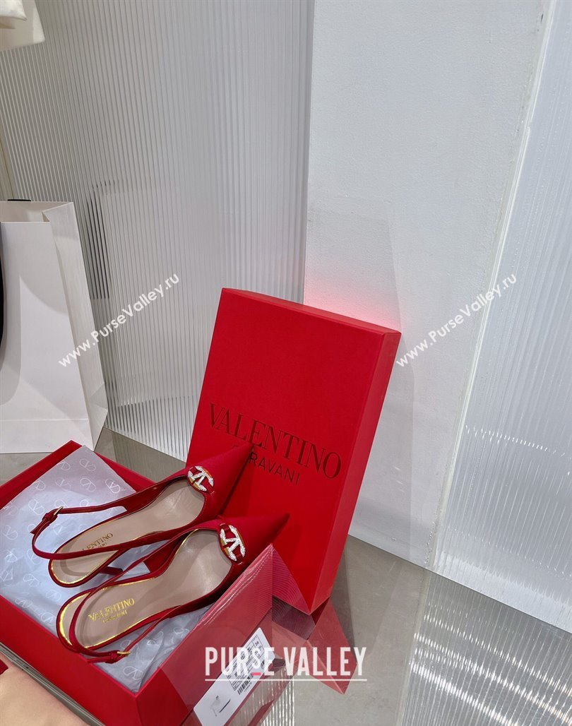 Valentino The Bold Edition VLogo Slingback Pumps 9cm in Satin with Crystals Red 2024 0227 (ZN-240227060)