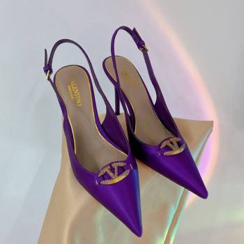 Valentino The Bold Edition VLogo Slingback Pumps 9cm in Satin with Crystals Purple 2024 0227 (ZN-240227061)