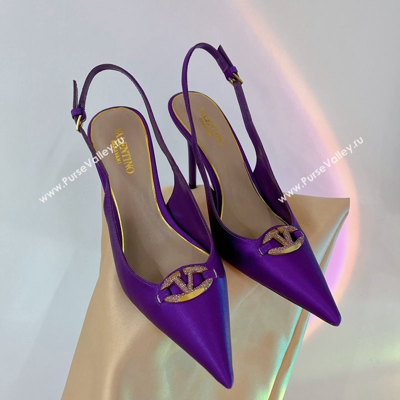 Valentino The Bold Edition VLogo Slingback Pumps 9cm in Satin with Crystals Purple 2024 0227 (ZN-240227061)