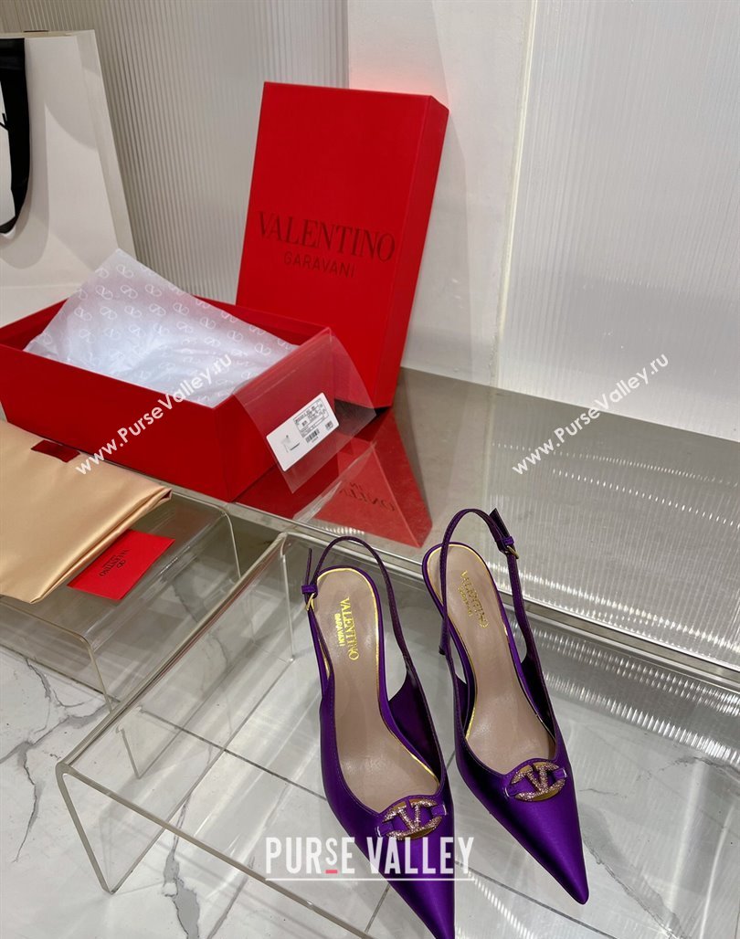 Valentino The Bold Edition VLogo Slingback Pumps 9cm in Satin with Crystals Purple 2024 0227 (ZN-240227061)