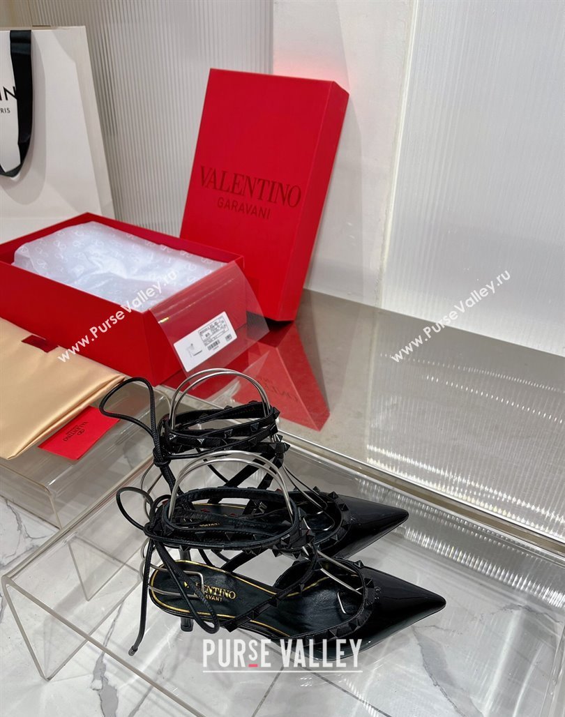 Valentino Rockstud Pumps 6cm with Wrap Strap and Lace-ups in Patent Leather Black 2024 0227 (ZN-240227015)