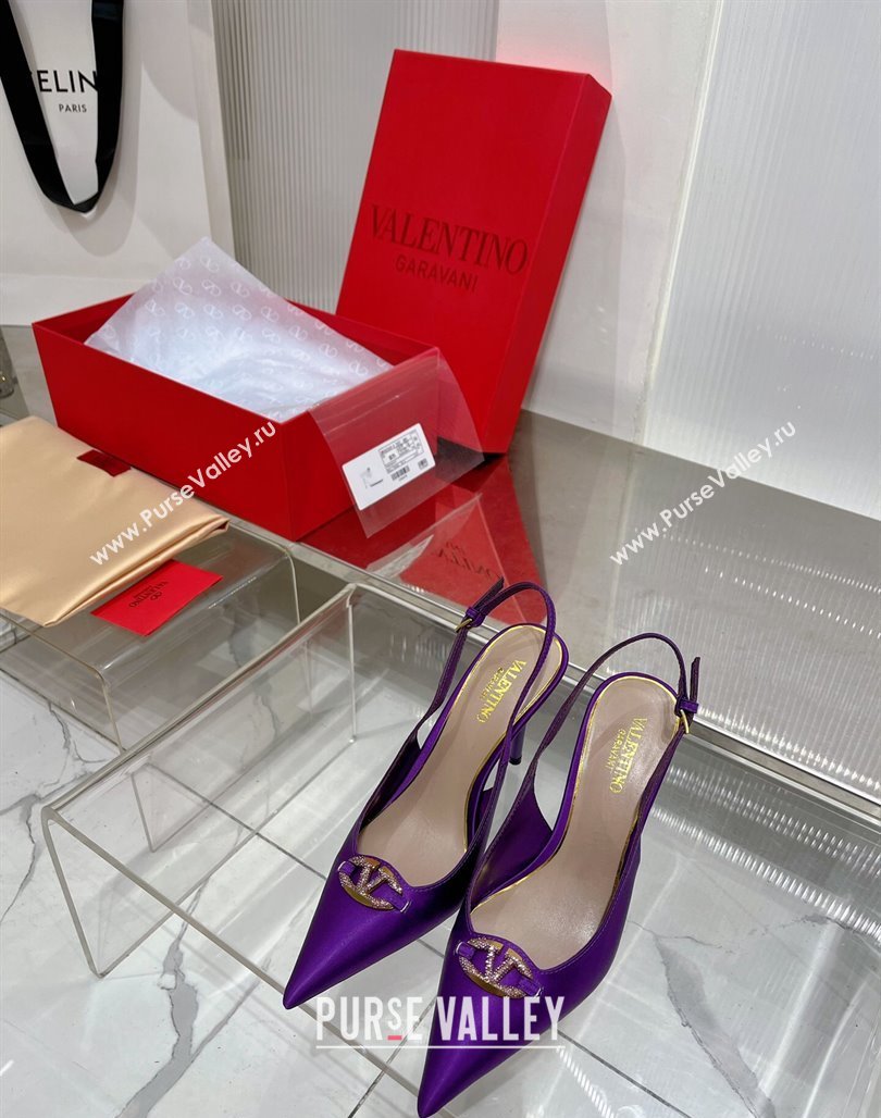 Valentino The Bold Edition VLogo Slingback Pumps 9cm in Satin with Crystals Purple 2024 0227 (ZN-240227061)
