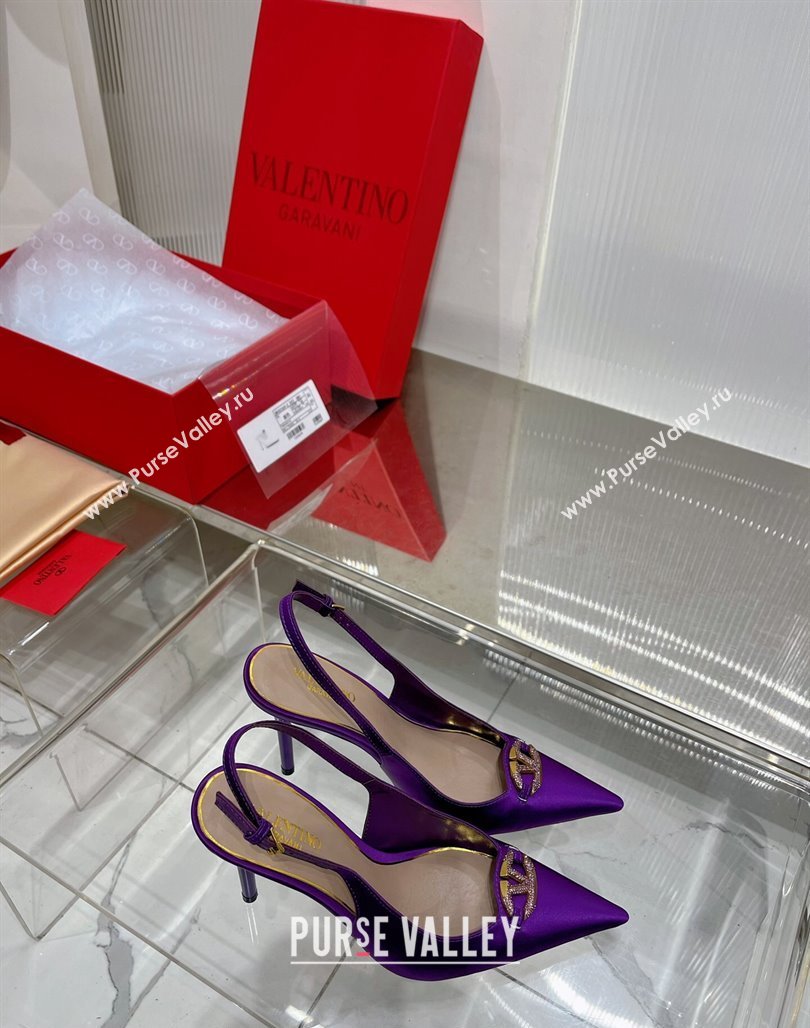 Valentino The Bold Edition VLogo Slingback Pumps 9cm in Satin with Crystals Purple 2024 0227 (ZN-240227061)