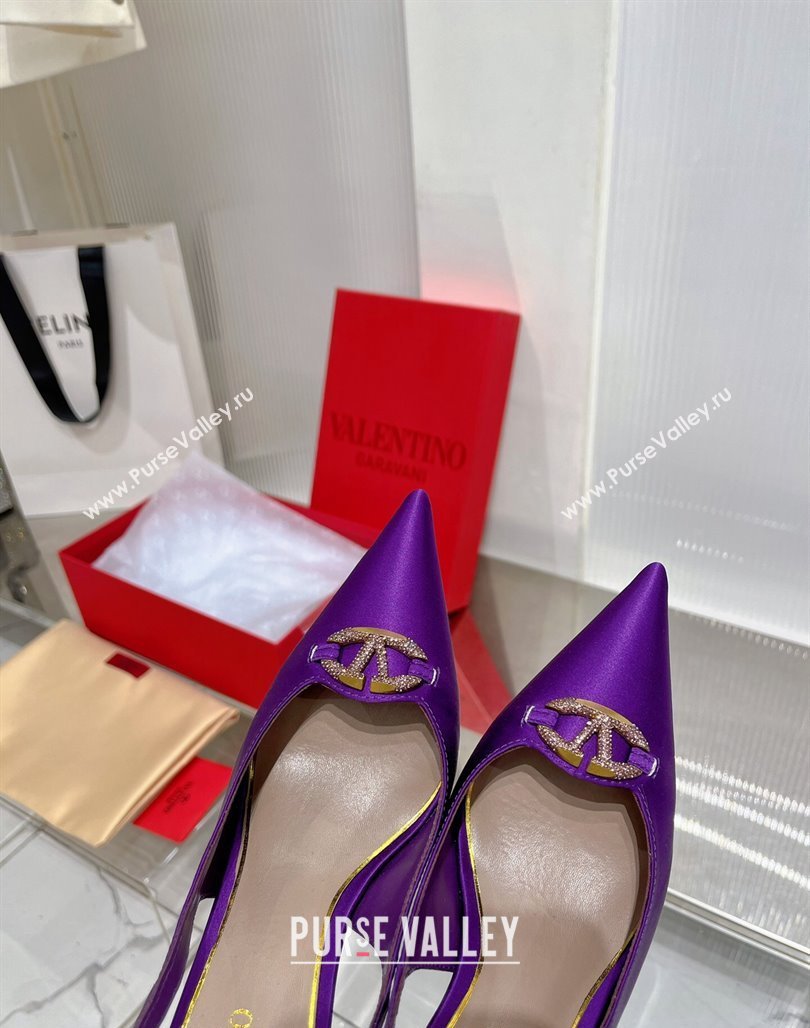 Valentino The Bold Edition VLogo Slingback Pumps 9cm in Satin with Crystals Purple 2024 0227 (ZN-240227061)