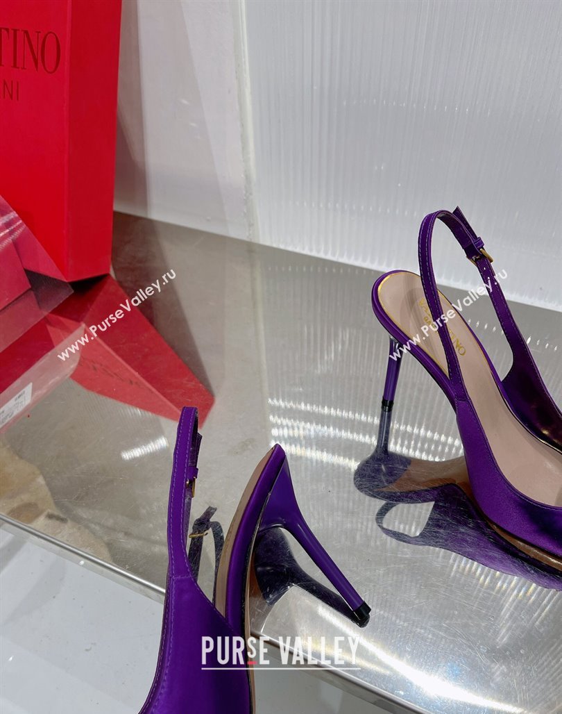 Valentino The Bold Edition VLogo Slingback Pumps 9cm in Satin with Crystals Purple 2024 0227 (ZN-240227061)