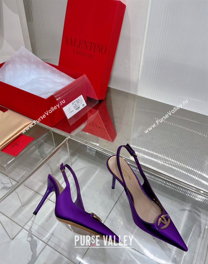 Valentino The Bold Edition VLogo Slingback Pumps 9cm in Satin with Crystals Purple 2024 0227 (ZN-240227061)