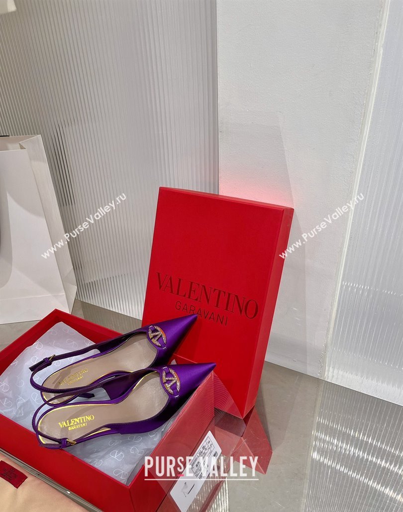 Valentino The Bold Edition VLogo Slingback Pumps 9cm in Satin with Crystals Purple 2024 0227 (ZN-240227061)