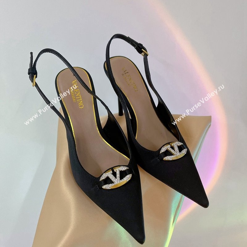Valentino The Bold Edition VLogo Slingback Pumps 9cm in Satin with Crystals Black 2024 0227 (ZN-240227062)