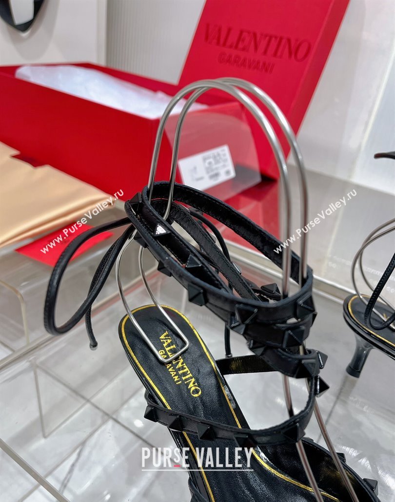 Valentino Rockstud Pumps 6cm with Wrap Strap and Lace-ups in Patent Leather Black 2024 0227 (ZN-240227015)