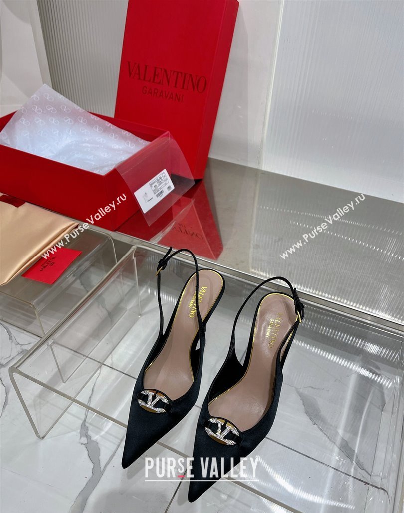 Valentino The Bold Edition VLogo Slingback Pumps 9cm in Satin with Crystals Black 2024 0227 (ZN-240227062)