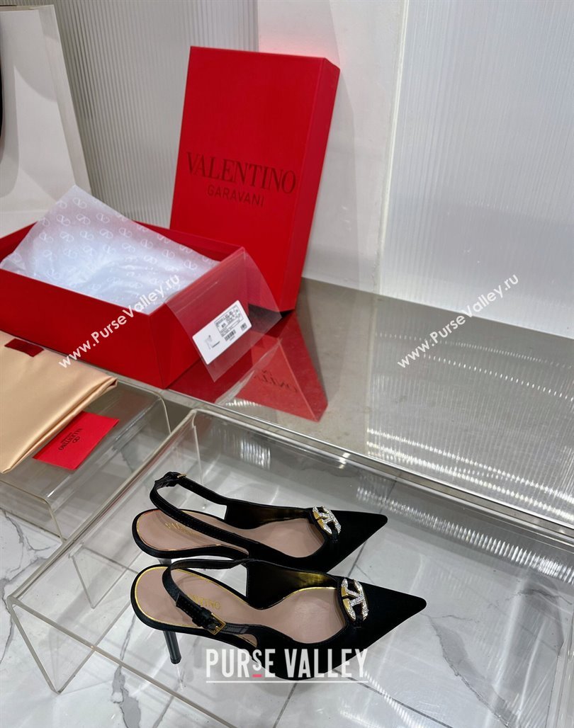 Valentino The Bold Edition VLogo Slingback Pumps 9cm in Satin with Crystals Black 2024 0227 (ZN-240227062)