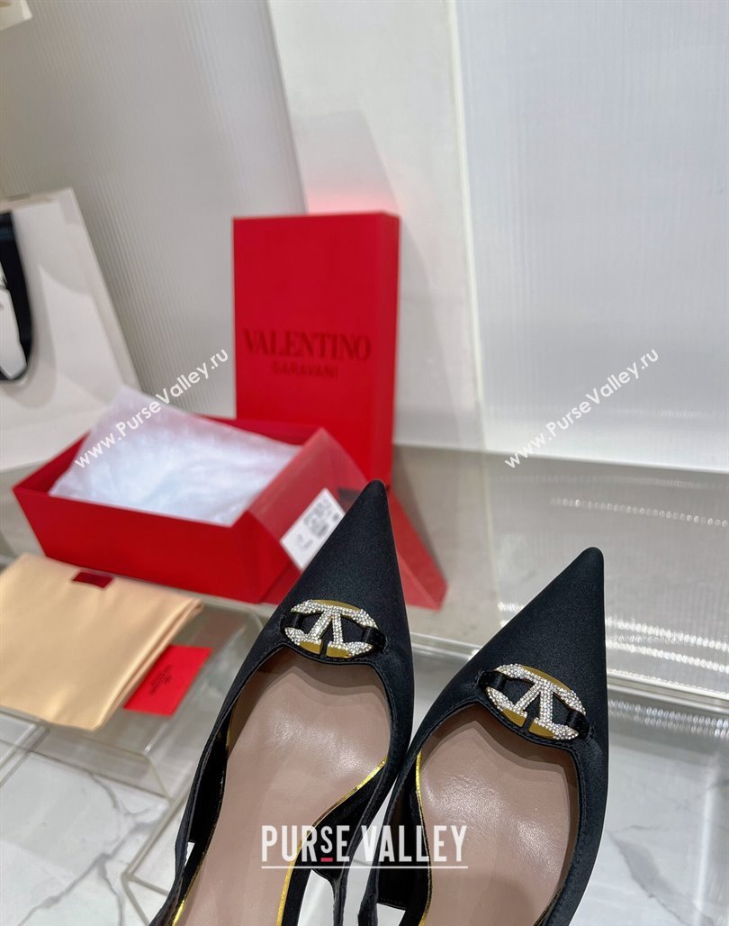 Valentino The Bold Edition VLogo Slingback Pumps 9cm in Satin with Crystals Black 2024 0227 (ZN-240227062)