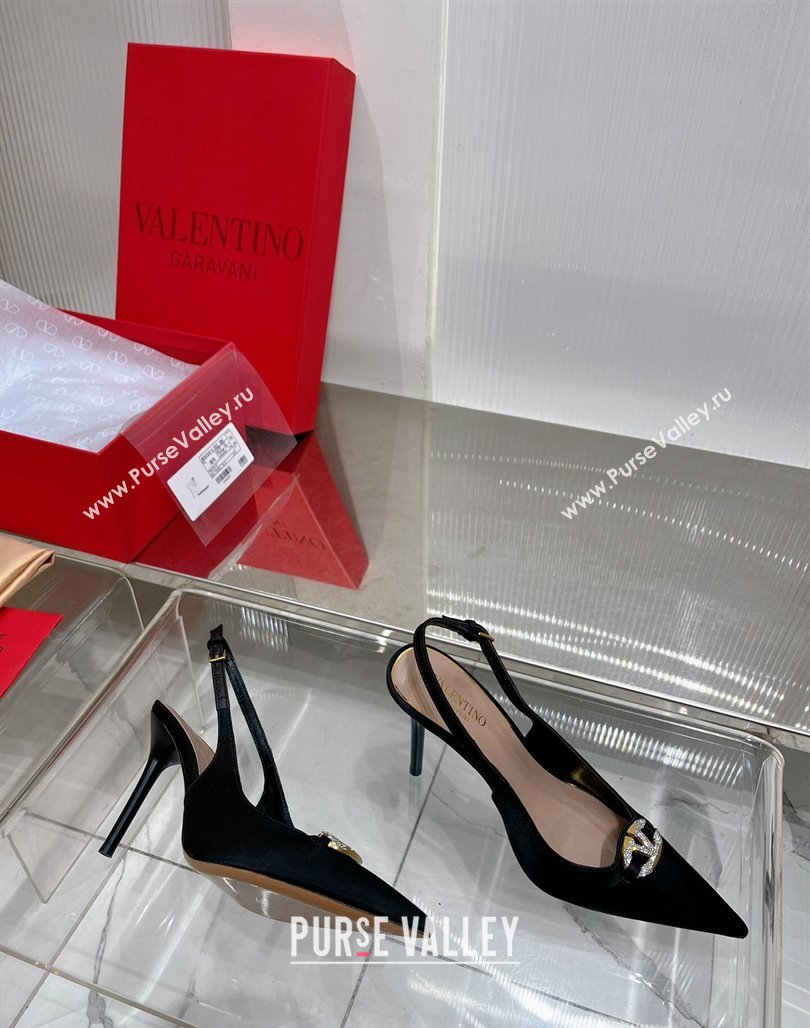 Valentino The Bold Edition VLogo Slingback Pumps 9cm in Satin with Crystals Black 2024 0227 (ZN-240227062)