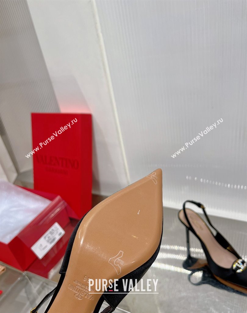 Valentino The Bold Edition VLogo Slingback Pumps 9cm in Satin with Crystals Black 2024 0227 (ZN-240227062)