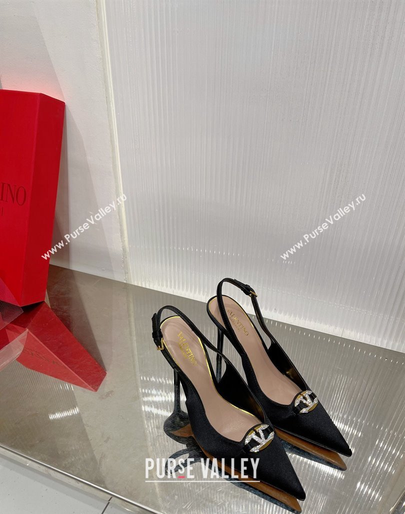 Valentino The Bold Edition VLogo Slingback Pumps 9cm in Satin with Crystals Black 2024 0227 (ZN-240227062)