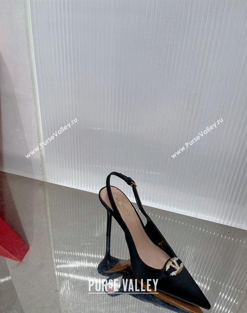 Valentino The Bold Edition VLogo Slingback Pumps 9cm in Satin with Crystals Black 2024 0227 (ZN-240227062)