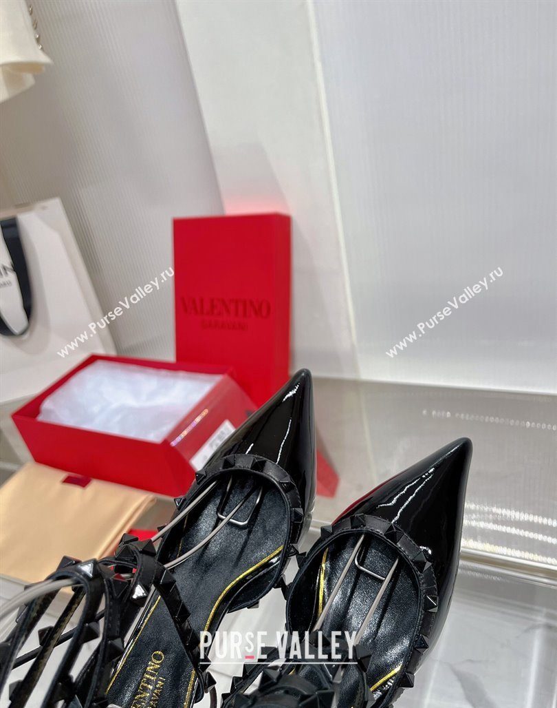 Valentino Rockstud Pumps 6cm with Wrap Strap and Lace-ups in Patent Leather Black 2024 0227 (ZN-240227015)