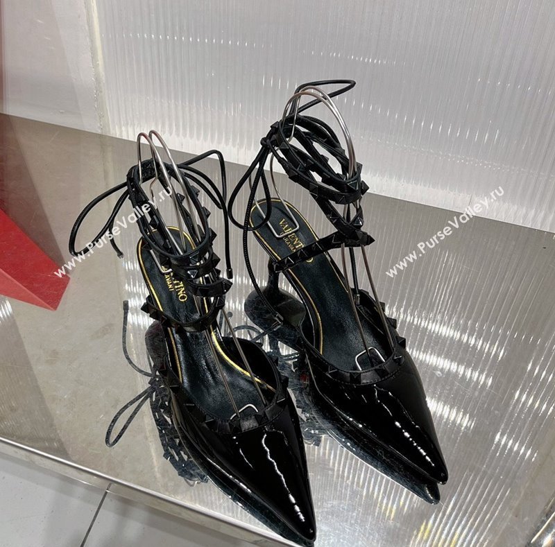 Valentino Rockstud Pumps 6cm with Wrap Strap and Lace-ups in Patent Leather Black 2024 0227 (ZN-240227015)