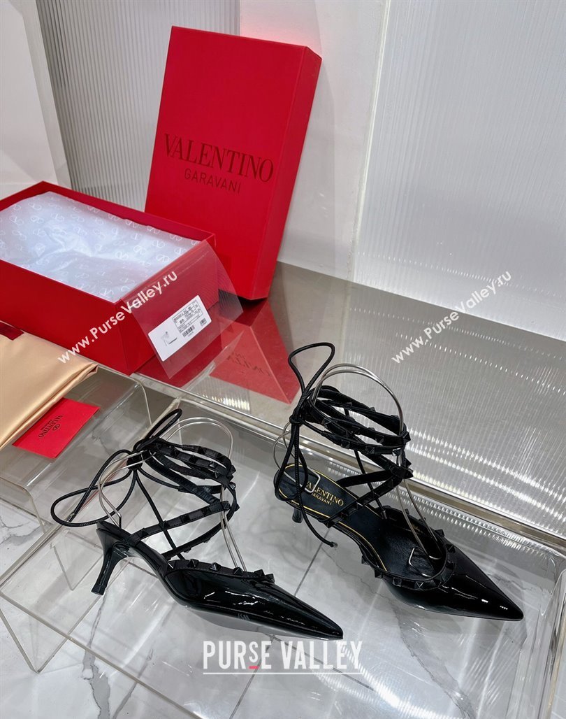 Valentino Rockstud Pumps 6cm with Wrap Strap and Lace-ups in Patent Leather Black 2024 0227 (ZN-240227015)