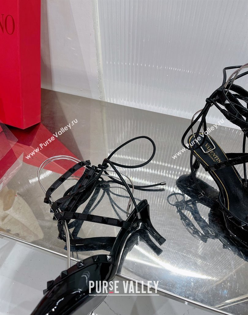 Valentino Rockstud Pumps 6cm with Wrap Strap and Lace-ups in Patent Leather Black 2024 0227 (ZN-240227015)