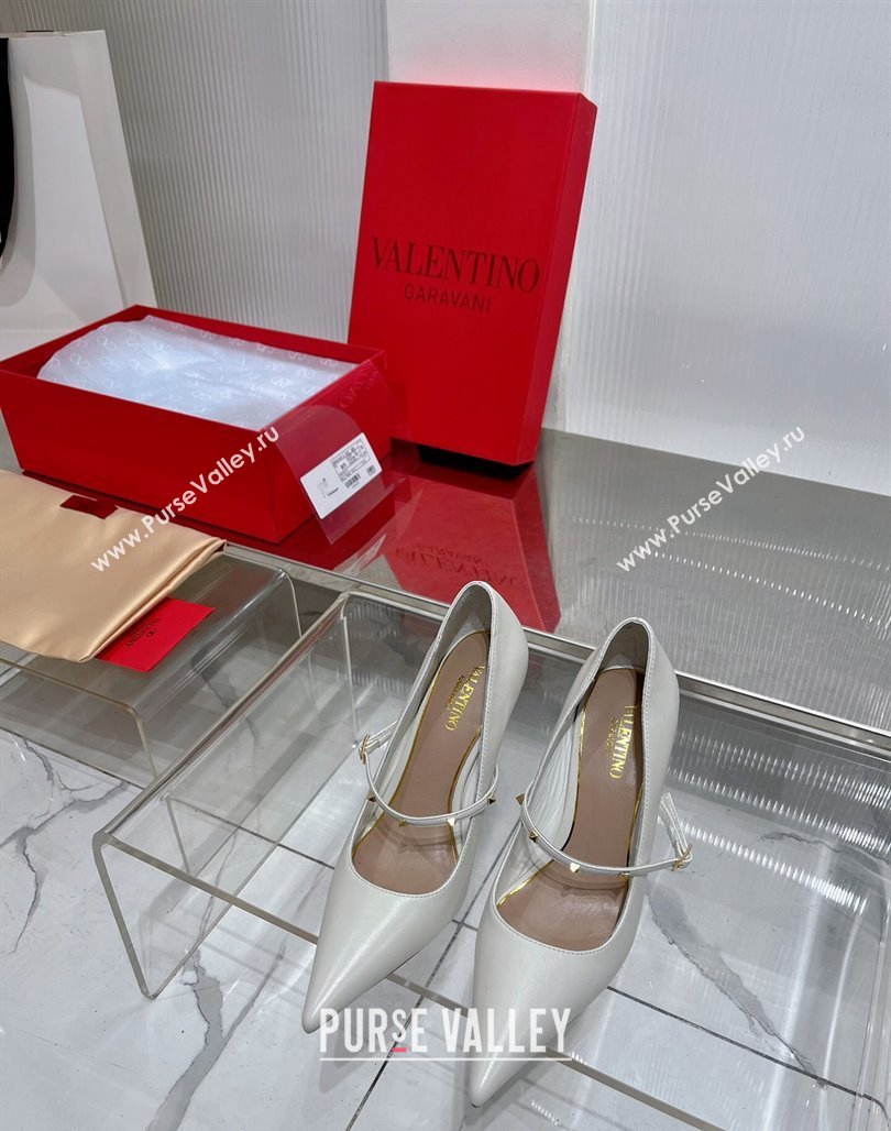 Valentino Roman Stud Mary Janes Pumps 9.5cm in Calfskin White 2024 (ZN-240227066)