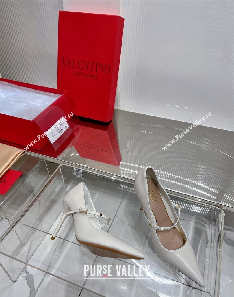 Valentino Roman Stud Mary Janes Pumps 9.5cm in Calfskin White 2024 (ZN-240227066)