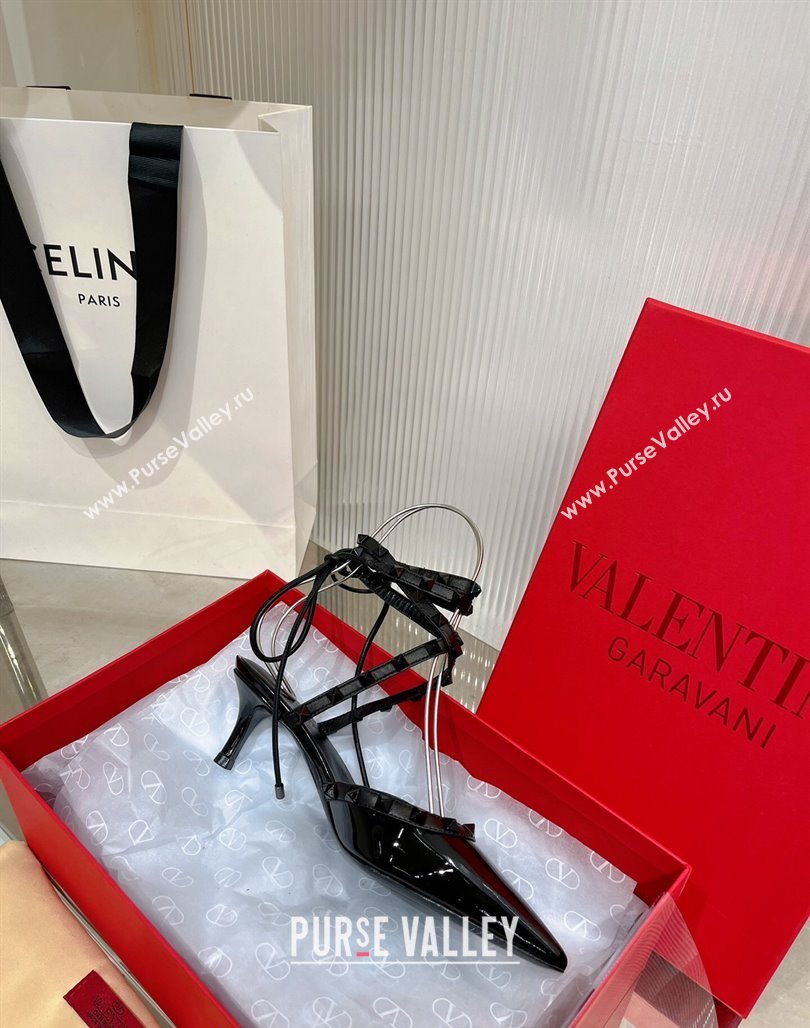 Valentino Rockstud Pumps 6cm with Wrap Strap and Lace-ups in Patent Leather Black 2024 0227 (ZN-240227015)