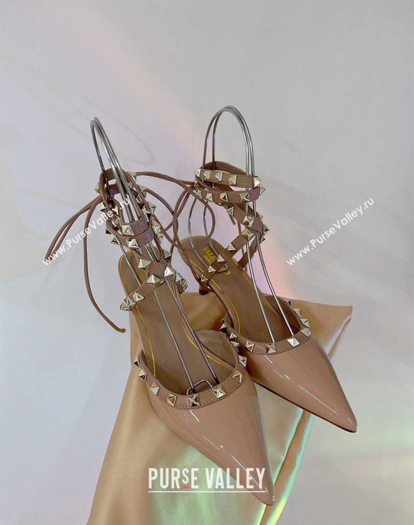 Valentino Rockstud Pumps 6cm with Wrap Strap and Lace-ups in Patent Leather Nude 2024 0227 (ZN-240227016)
