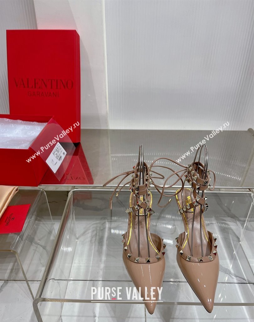 Valentino Rockstud Pumps 6cm with Wrap Strap and Lace-ups in Patent Leather Nude 2024 0227 (ZN-240227016)