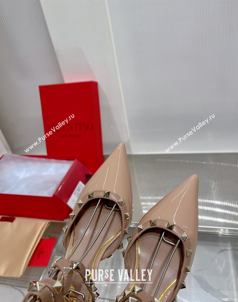 Valentino Rockstud Pumps 6cm with Wrap Strap and Lace-ups in Patent Leather Nude 2024 0227 (ZN-240227016)