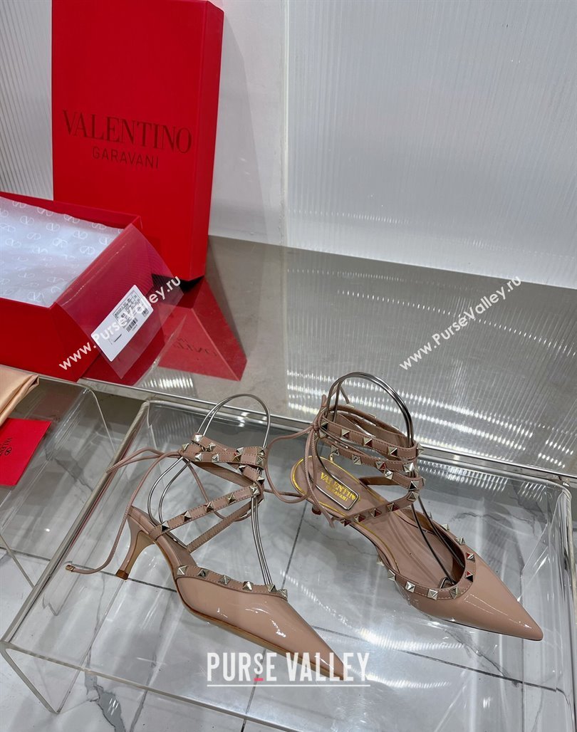 Valentino Rockstud Pumps 6cm with Wrap Strap and Lace-ups in Patent Leather Nude 2024 0227 (ZN-240227016)