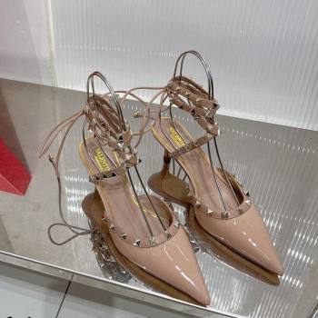 Valentino Rockstud Pumps 6cm with Wrap Strap and Lace-ups in Patent Leather Nude 2024 0227 (ZN-240227016)