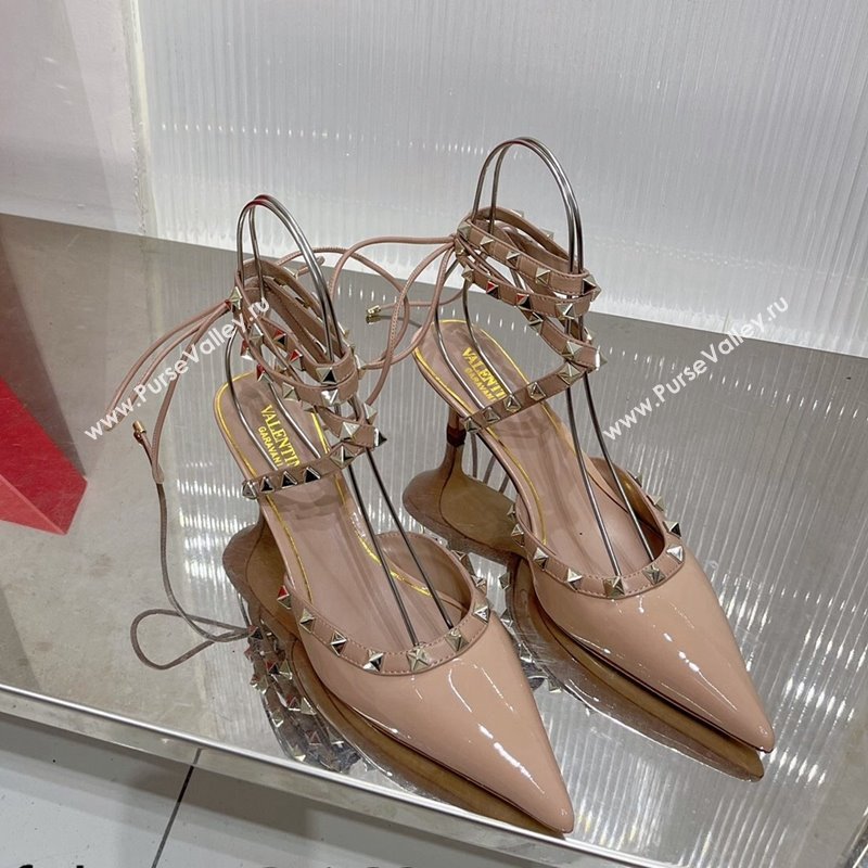 Valentino Rockstud Pumps 6cm with Wrap Strap and Lace-ups in Patent Leather Nude 2024 0227 (ZN-240227016)