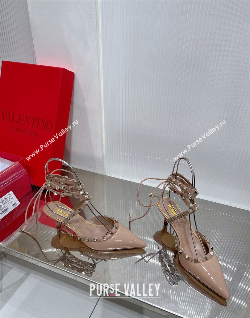 Valentino Rockstud Pumps 6cm with Wrap Strap and Lace-ups in Patent Leather Nude 2024 0227 (ZN-240227016)
