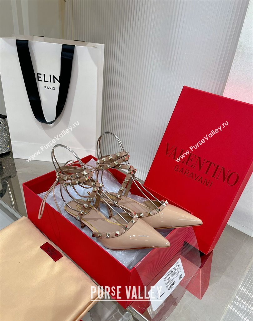 Valentino Rockstud Pumps 6cm with Wrap Strap and Lace-ups in Patent Leather Nude 2024 0227 (ZN-240227016)