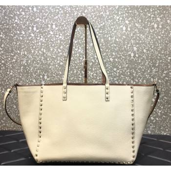 Valentino Rockstud Grainy Calfskin Reversible Tote Bag White/Brown 2024 0077 (LN-240313026)