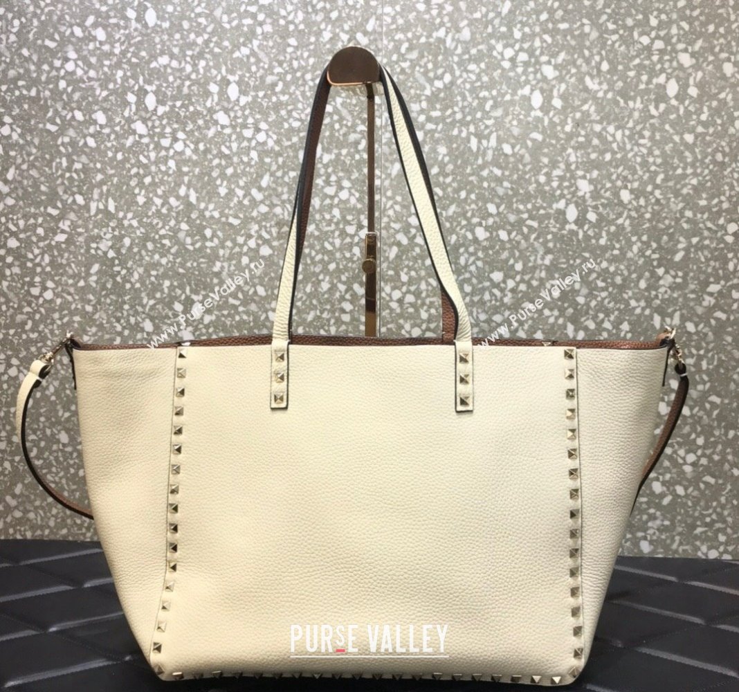 Valentino Rockstud Grainy Calfskin Reversible Tote Bag White/Brown 2024 0077 (LN-240313026)
