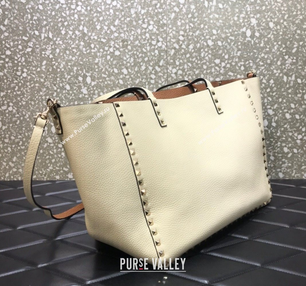 Valentino Rockstud Grainy Calfskin Reversible Tote Bag White/Brown 2024 0077 (LN-240313026)