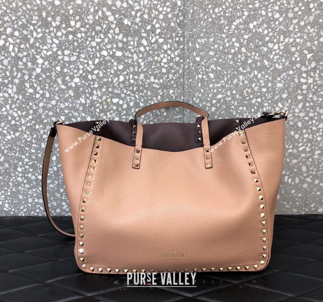Valentino Rockstud Grainy Calfskin Reversible Tote Bag Burgundy/Nude 2024 0077 (LN-240313027)