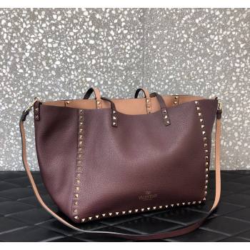Valentino Rockstud Grainy Calfskin Reversible Tote Bag Burgundy/Nude 2024 0077 (LN-240313027)